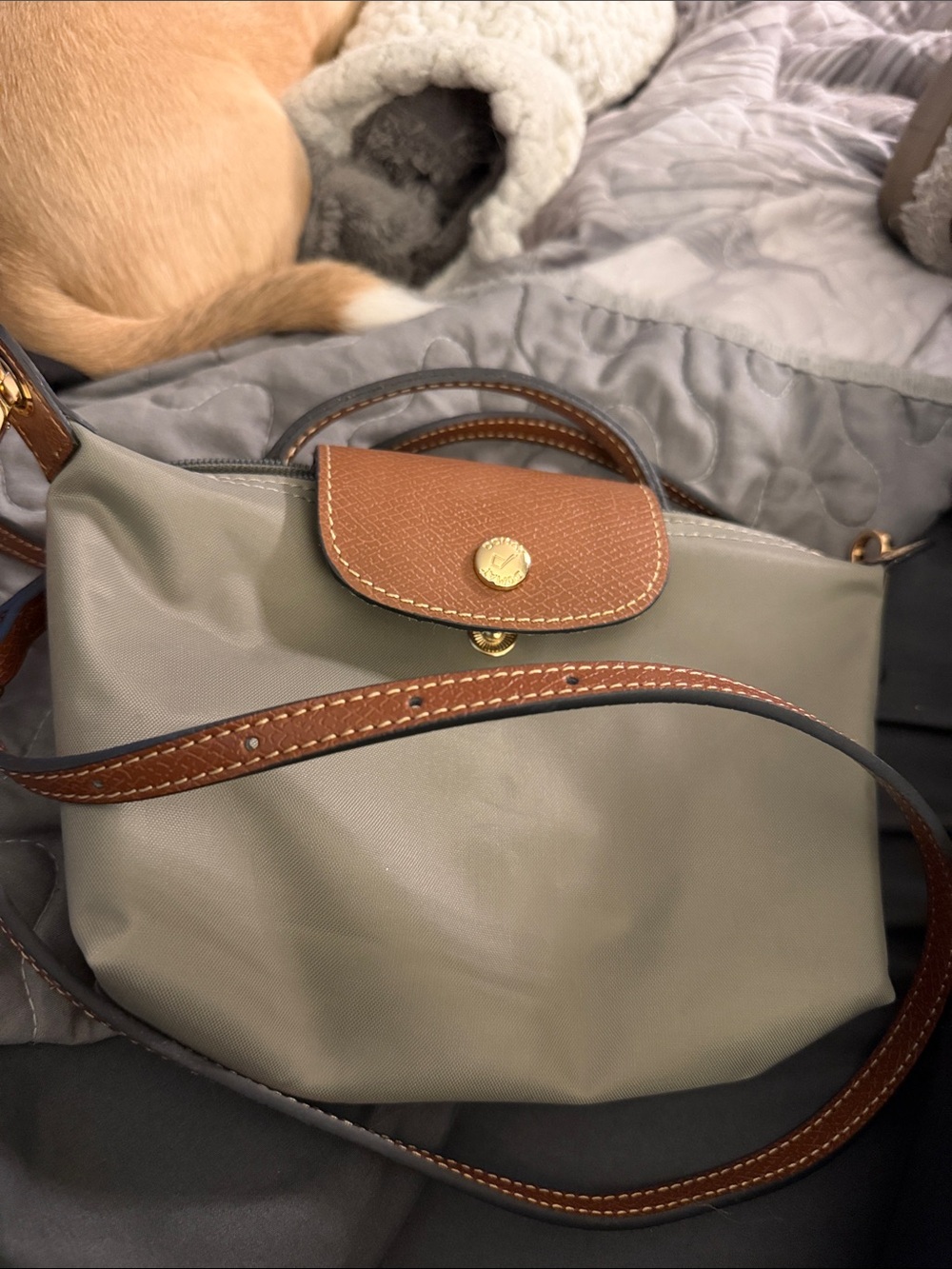 Small Taupe Crossbody with Brown Leather Trim and Gold Snap